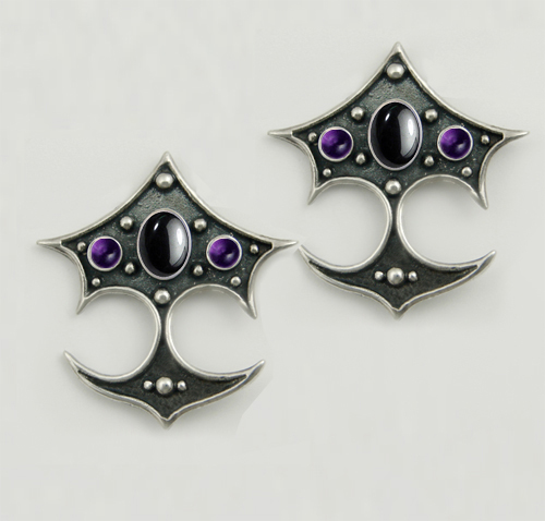 Sterling Silver Gothic Drop Dangle Earrings With Hematite And Amethyst